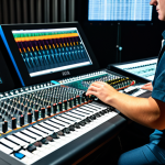 A professional sound engineer, male, in a modest dark shirt and professional trousers, intently operating a large digital mixing console in a modern concert venue control booth. His hands are resting on the faders, and the console screens display complex audio waveforms and channel settings. The background shows a blurred view of a stage with professional lighting, suggesting an upcoming live performance. The scene conveys focus and technical expertise. Fully clothed, appropriate attire, safe for work, professional, perfect anatomy, correct proportions, natural pose, well-formed hands, proper finger count, natural body proportions, high-quality detailed photography, appropriate content.