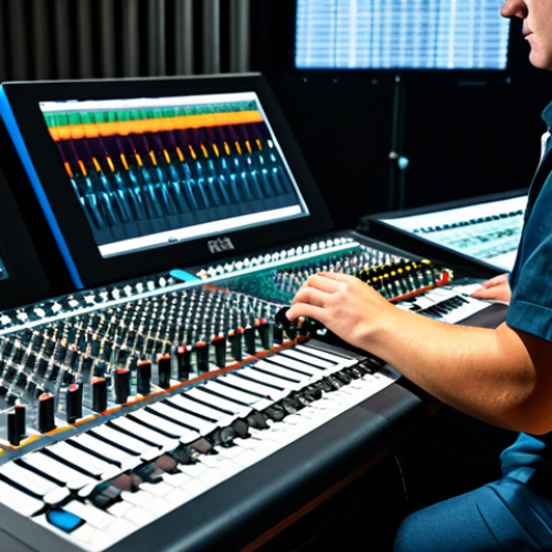 A professional sound engineer, male, in a modest dark shirt and professional trousers, intently operating a large digital mixing console in a modern concert venue control booth. His hands are resting on the faders, and the console screens display complex audio waveforms and channel settings. The background shows a blurred view of a stage with professional lighting, suggesting an upcoming live performance. The scene conveys focus and technical expertise. Fully clothed, appropriate attire, safe for work, professional, perfect anatomy, correct proportions, natural pose, well-formed hands, proper finger count, natural body proportions, high-quality detailed photography, appropriate content.
