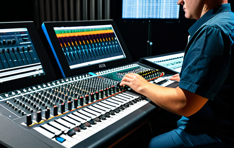 A professional sound engineer, male, in a modest dark shirt and professional trousers, intently operating a large digital mixing console in a modern concert venue control booth. His hands are resting on the faders, and the console screens display complex audio waveforms and channel settings. The background shows a blurred view of a stage with professional lighting, suggesting an upcoming live performance. The scene conveys focus and technical expertise. Fully clothed, appropriate attire, safe for work, professional, perfect anatomy, correct proportions, natural pose, well-formed hands, proper finger count, natural body proportions, high-quality detailed photography, appropriate content.