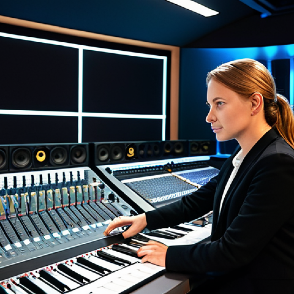 A professional female audio engineer, fully clothed in modest business casual attire, focused intently on a large, illuminated mixing console within a cutting-edge recording studio control room. High-fidelity studio monitors are positioned on the desk, with sound-absorbing acoustic panels clearly visible on the walls. The scene is bathed in clean, professional studio lighting, highlighting the organized and technically advanced environment. Perfect anatomy, correct proportions, natural pose, well-formed hands, proper finger count, natural body proportions. Safe for work, appropriate content, fully clothed, professional, family-friendly, high-quality professional photography, realistic, detailed, cinematic.