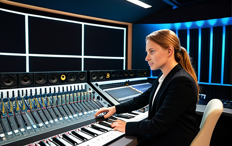 A professional female audio engineer, fully clothed in modest business casual attire, focused intently on a large, illuminated mixing console within a cutting-edge recording studio control room. High-fidelity studio monitors are positioned on the desk, with sound-absorbing acoustic panels clearly visible on the walls. The scene is bathed in clean, professional studio lighting, highlighting the organized and technically advanced environment. Perfect anatomy, correct proportions, natural pose, well-formed hands, proper finger count, natural body proportions. Safe for work, appropriate content, fully clothed, professional, family-friendly, high-quality professional photography, realistic, detailed, cinematic.