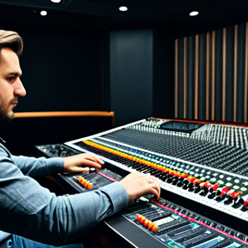 Home 29 음향 실무에서의 팀워크 중요성 - **Prompt:** A professional audio engineer in a modern recording studio, working on a mixing console,...