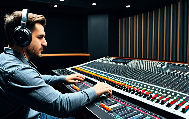 음향 실무에서의 팀워크 중요성 - **Prompt:** A professional audio engineer in a modern recording studio, working on a mixing console,...