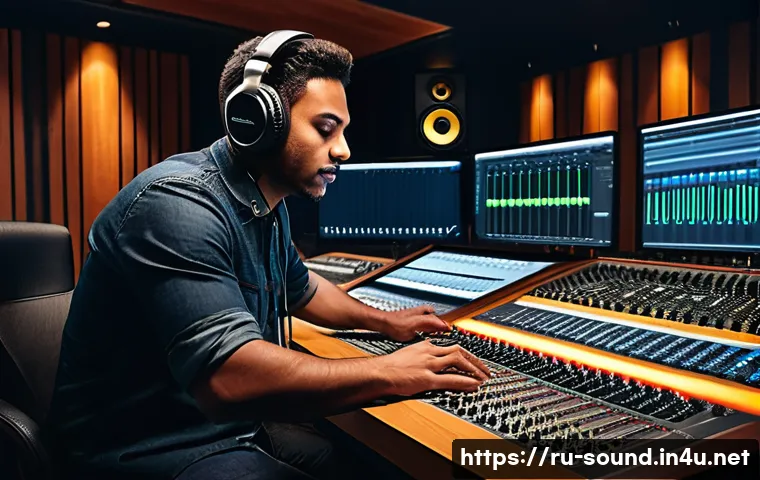 음향 기술 시험에서 자주 나오는 문제 - A detailed professional recording studio scene showcasing a sound engineer adjusting a large mixing ...