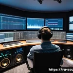 Home 14 음향기술 분야 이직 성공 팁 - A modern professional audio engineer working in a high-tech Moscow recording studio, surrounded by a...