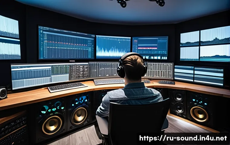 음향기술 분야 이직 성공 팁 - A modern professional audio engineer working in a high-tech Moscow recording studio, surrounded by a...