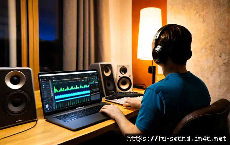 음향 엔지니어 프리랜서로 일하기 - Photorealistic freelance sound engineer working in a compact Moscow home studio, focused adult weari...