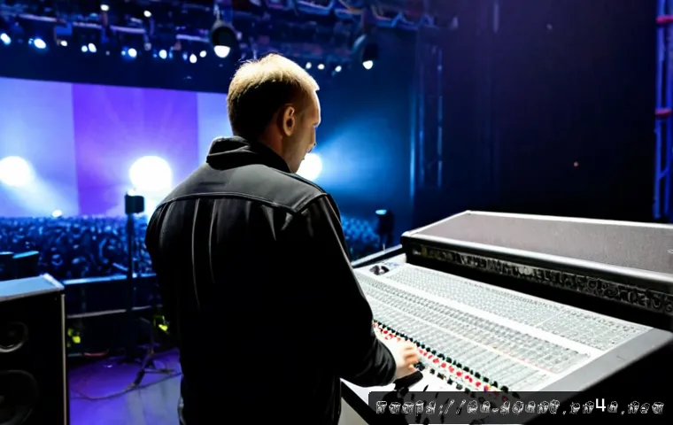 Home 17 콘서트 음향 설계에서의 실수 피하기 - Photorealistic concert sound engineer in a modern Moscow-style indoor music venue, carefully adjusti...
